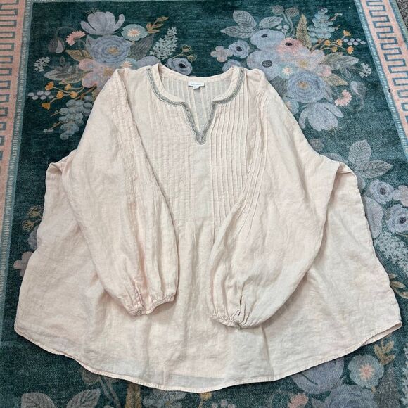 J. Jill Blouse Womens 4X Pink Cream Long Sleeve Pleated Linen Beaded Tunic Top - Picture 13 of 16